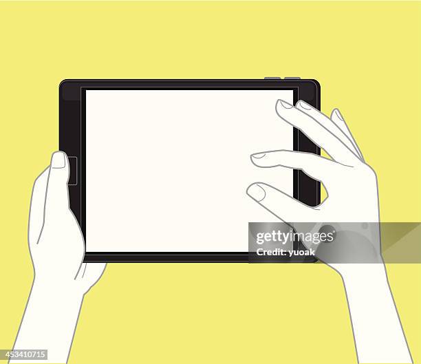 hand holding tablet pc und den bildschirm berühren - e book reader stock-grafiken, -clipart, -cartoons und -symbole