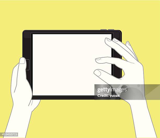 hands holding tablet computer and touching the screen - e book reader stock illustrations