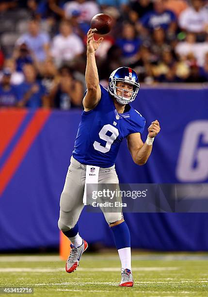 Quarterback Ryan Nassib of the New York Giants passes against the Pittsburgh Steelers during a preseason game at MetLife Stadium on August 9, 2014 in...