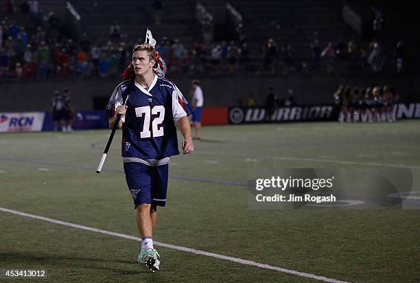 Scott McWilliams of Boston Cannons leaves the field after a season-ending loss to the Rochester Rattlers at Harvard Stadium on August 9, 2014 in...