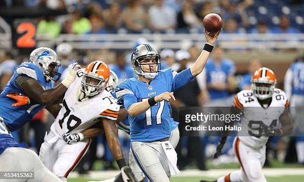 Corey Fuller of the Detroit Lions drops back to pass during the fourth quarter of the preseason game against the Cleveland Browns at Ford Field on...