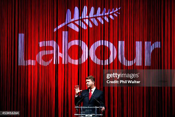 Leader of the Labour Party, David Cunliffe officially launches Labour's election campaign at the Viaduct Events Centre on August 10, 2014 in...