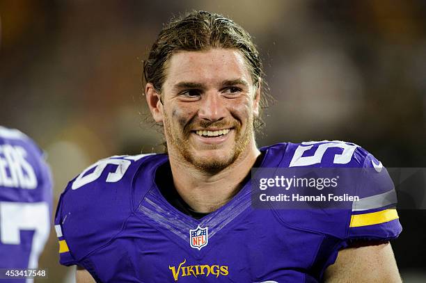 Michael Mauti of the Minnesota Vikings looks on during the game against the Oakland Raiders on August 8, 2014 at TCF Bank Stadium in Minneapolis,...