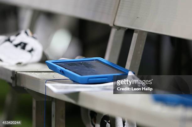 Detailed view of the Microsoft Surface on the Cleveland Browns bench during the preseason game against the Detroit Lions at Ford Field on August 9,...