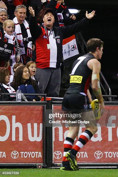 Saints fan shows his support for Lenny Hayes of the Saints as he lines up for goal during the round 20 AFL match between the St Kilda Saints and the...