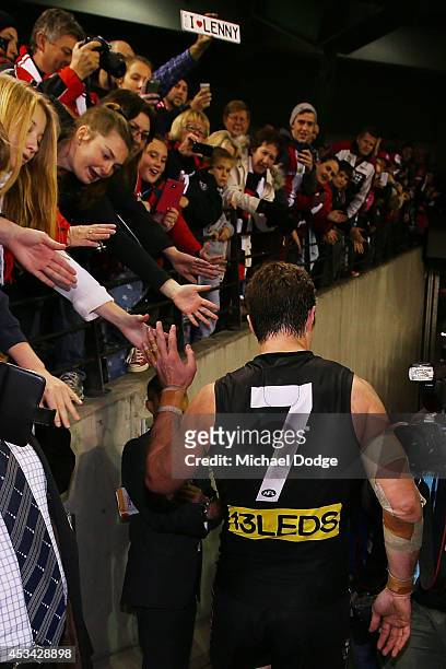Lenny Hayes of the Saints walks off after his last home game during the round 20 AFL match between the St Kilda Saints and the Western Bulldogs at...