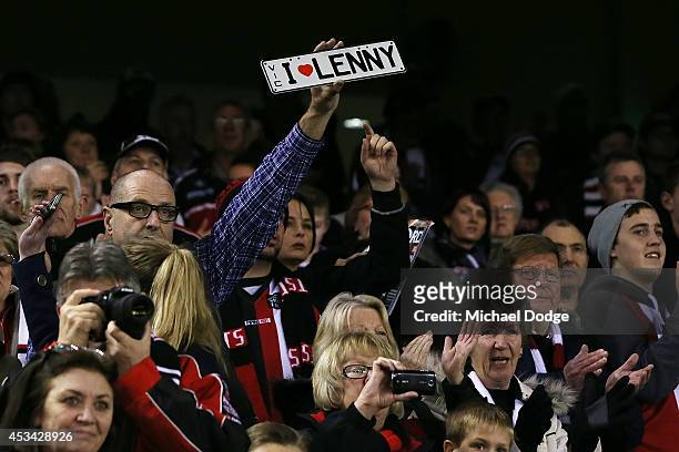 Saints fan shows his support in tribute to Lenny Hayes of the Saints who plays his last home game ever during the round 20 AFL match between the St...