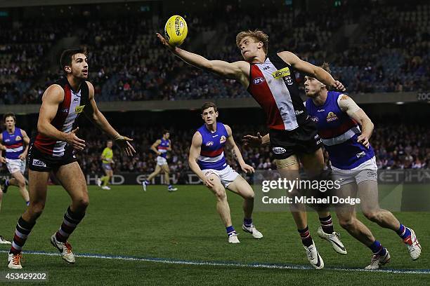 Sebastian Ross of the Saints marks the ball during the round 20 AFL match between the St Kilda Saints and the Western Bulldogs at Etihad Stadium on...