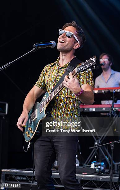 Irwin Sparkes and Alfonso Sharland and Martin Skaendahl of the Hoosiers perform at Osfest on August 9, 2014 in Oswestry, England.