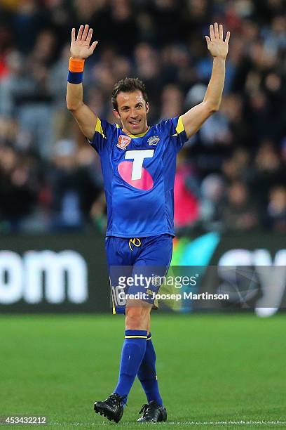 Alessandro del Piero of the All Stars thanks the crowd during the match between the A-League All Stars and Juventus at ANZ Stadium on August 10, 2014...