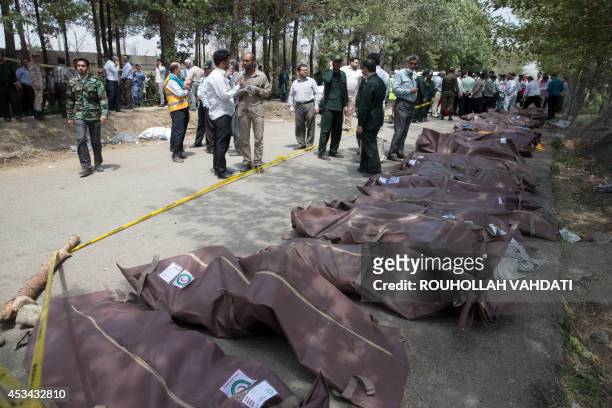 Picture obtained from Iran's ISNA news agency shows the bodies of victims wrapped in plastic bags at the scene of an Iranian plane crash near...