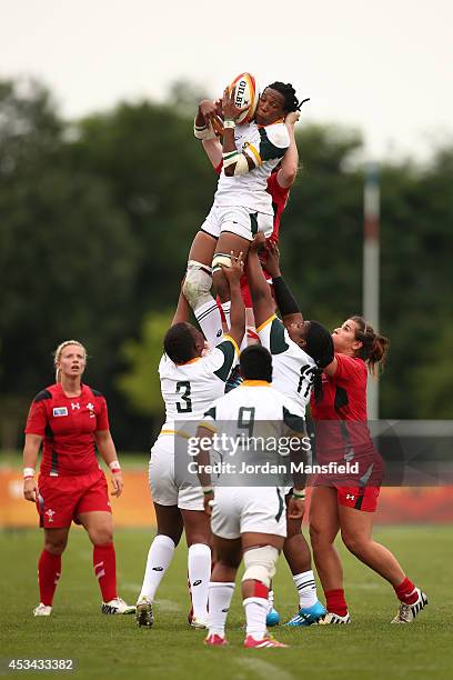 Nolusindiso Booi of South Africa wins a line-out during the IRB Women's Rugby World Cup Pool C match between Wales and South Africa at the French...