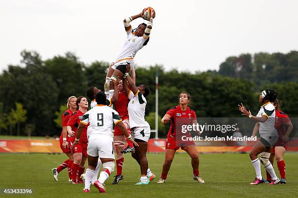 Nolusindiso Booi of South Africa wins a line-out during the IRB Women's Rugby World Cup Pool C match between Wales and South Africa at the French...