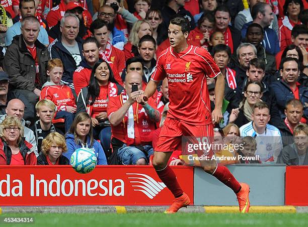 Javier Manquillo of Liverpool in action during Pre Season Friendly match between Liverpool and Borussia Dortmund at Anfield on August 10, 2014 in...