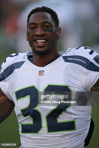 Cornerback A.J. Jefferson of the Seattle Seahawks warms up prior to facing the Denver Broncos during preseason action at Sports Authority Field at...