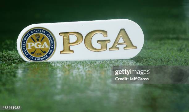 Standing water is seen on the first tee during a weather-delayed final round of the 96th PGA Championship at Valhalla Golf Club on August 10, 2014 in...