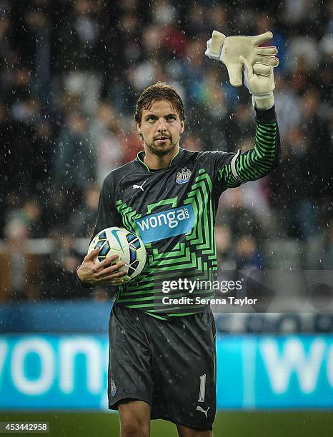 Newcastle Goal Keeper Tim Krul waves his gloves in the air during the Pre-Season Friendly between Newcastle United and Real Sociedad on August 10 in...