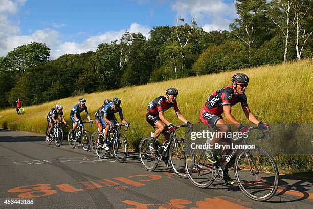 Philippe Gilbert of Belgium and the BMC Racing Team rides up Box Hill in the breakaway group during the Prudential RideLondon-Surrey Classic from the...