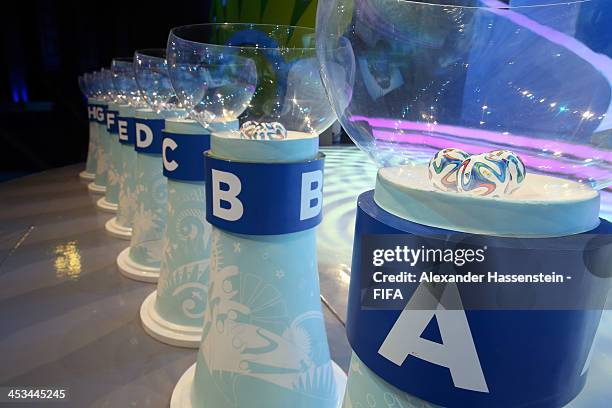 General view of the plinths and pots containing the draw balls during a rehearsal for the Final Draw of the FIFA World Cup 2014 at Costa do Sauipe...