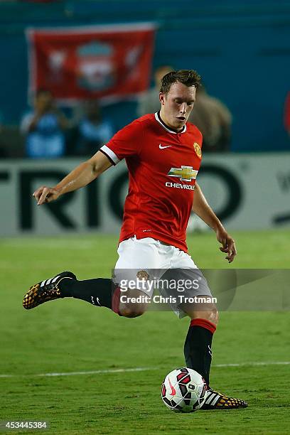 Phil Jones of Manchester United in action against Liverpool in the Guinness International Champions Cup 2014 Final at Sun Life Stadium on August 4,...