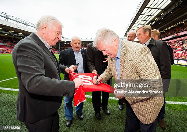 Football legends Ian Callaghan and Theo Redder before the pre season friendly match between Liverpool FC and Borussia Dortmund at Anfield on August...