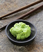 A little bowl with Japanese wasabi and chopsticks