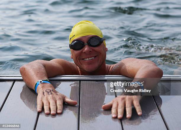 David Uprichard of the U.S. Competes in the Men's 45-49 Age Group 3km swim during the 15th FINA World Masters Championships at Parc Jean-Drapeau on...