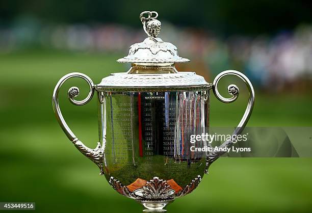 The Wanamaker Trophy is seen on the first hole during the final round of the 96th PGA Championship at Valhalla Golf Club on August 10, 2014 in...