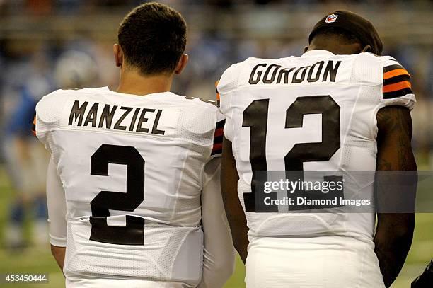 Quarterback Johnny Manziel and wide receiver Josh Gordon of the Cleveland Browns stand for the national anthem prior to a preseason game against the...