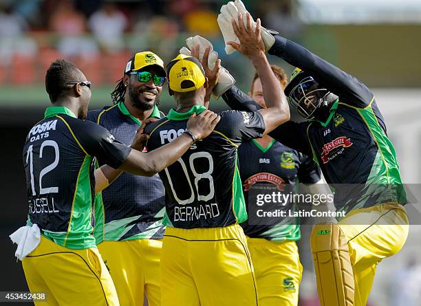 Teammates of Jamaica Tallawahs celebrate with Dave Bernard Jr the dismissal of Raymon Reifer of Barbados Tridents during a match between Barbados...
