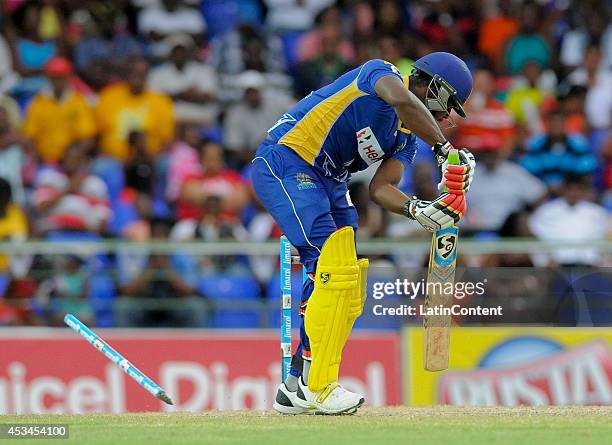 Kyle Mayers of Barbados Tridents bowled by Rusty Theron of Jamaica Tallawahs during a match between Barbados Tridents and Jamaica Tallawahs as part...