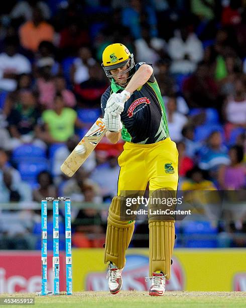 Adam Voges of Jamaica Tallawahs hits 4 during a match between Barbados Tridents and Jamaica Tallawahs as part of week 5 of the Caribbean Premier...