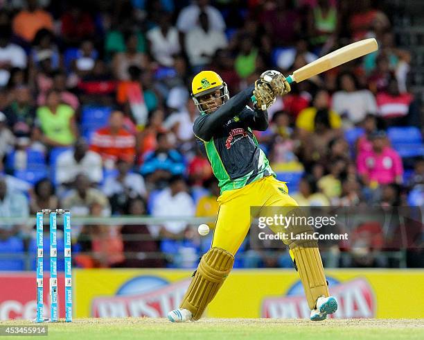 Nkrumah Bonner of Jamaica Tallawahs hits 4 during a match between Barbados Tridents and Jamaica Tallawahs as part of week 5 of the Caribbean Premier...