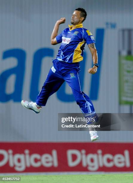 Rayad Emrit of Barbados Tridents celebrates the dismissal of Jerome Taylor of Jamaica Tallawahs during a match between Barbados Tridents and Jamaica...