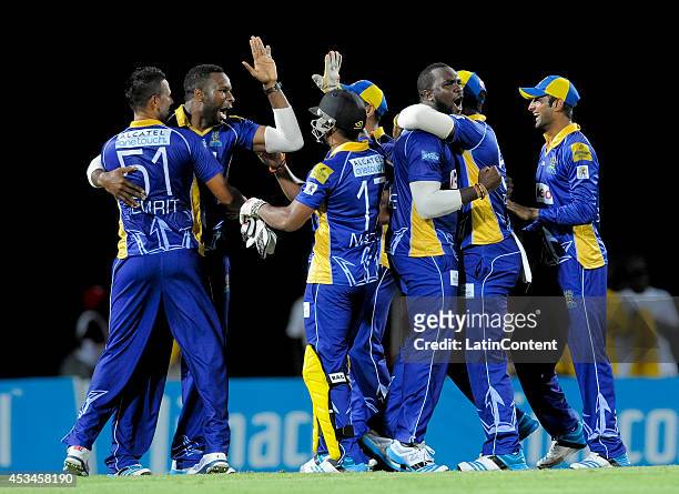 Barbados Tridents celebrate winning the match between Barbados Tridents and Jamaica Tallawahs as part of week 5 of the Caribbean Premier League 2014...