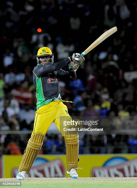 Nkrumah Bonner of Jamaica Tallawahs hits 6 during a match between Barbados Tridents and Jamaica Tallawahs as part of week 5 of the Caribbean Premier...