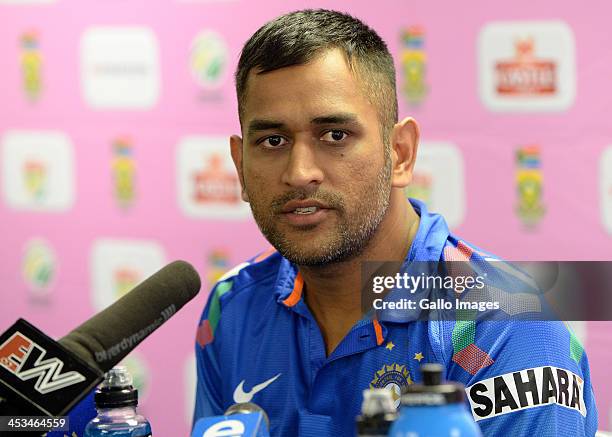 Dhoni during the Indian national cricket team training session and press conference at Bidvest Wanderers Stadium on December 04, 2013 in...