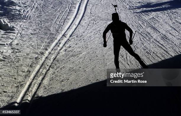 An athlete action during a training session prior to the IBU Biathlon World Cup on December 4, 2013 in Hochfilzen, Austria.