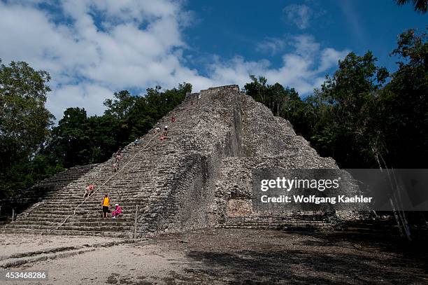 Mexico, Yucatan Peninsula, Near Cancun, Maya Ruins Of Coba, Nohoch Mut Group, View Of Castle, Pyramid.