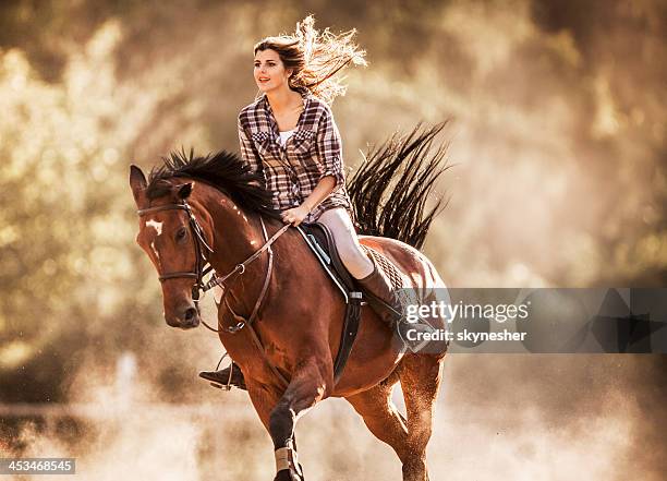 donna a cavallo. - montare un animale montare foto e immagini stock