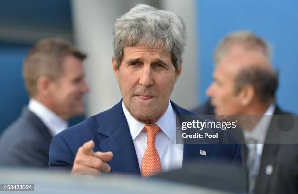 Secretary of State John Kerry arrives at Sydney International Airport on August 11, 2014 in Sydney, Australia. US Sercretary of State John Kerry and...