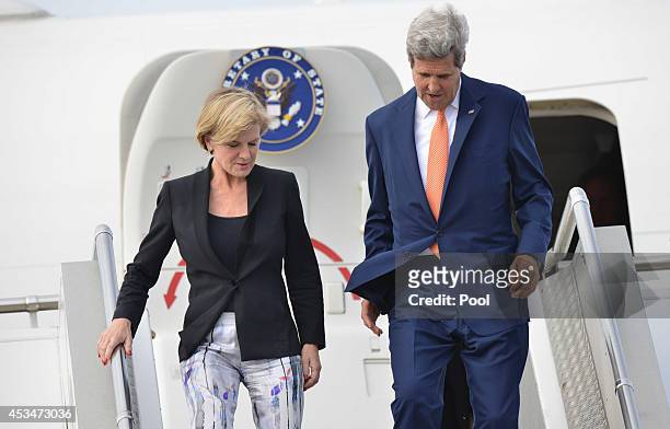 Secretary of State John Kerry and Australian Foreign Minister Julie Bishop arrive at Sydney International Airport on August 11, 2014 in Sydney,...