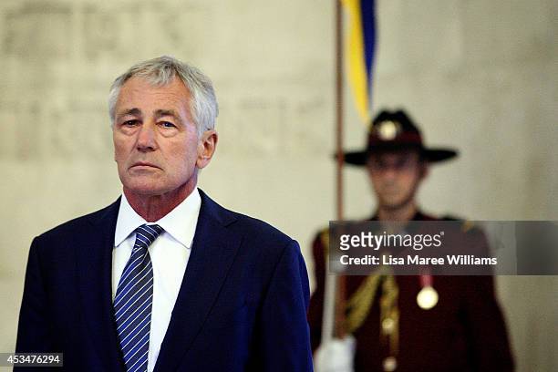 Secretary of Defence Chuck Hagel pauses for a moments silence during a wreath laying ceremony on August 11, 2014 in Sydney, Australia. US Sercretary...