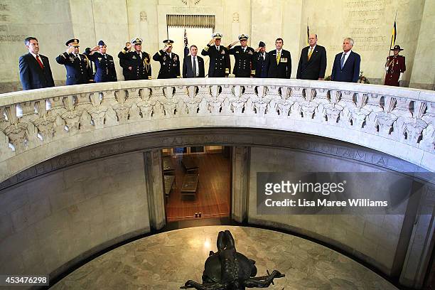 Executive Manager ANZAC Memorial Brad Manera, Australian Defence Minister David Johnston and US Secretary of Defence Chuck Hagel are joined by other...