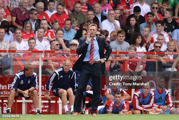 Stuart Pearce, Manager of Nottingham Forest gives his instructions from the bench during the Sky Bet Championship match between Nottingham Forest and...
