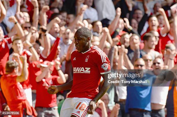 Michail Antonio of Nottingham Forest celebrates scoring their first goal during the Sky Bet Championship match between Nottingham Forest and...