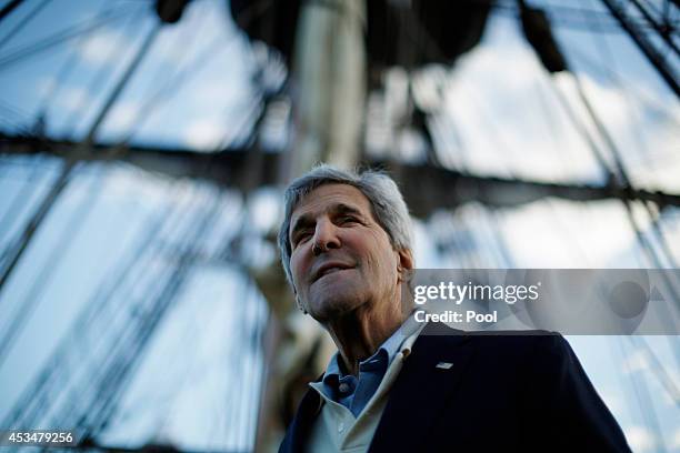 Secretary of State John Kerry is pictured during his visit to a replica of Captain Cook's ship 'Endeavour' at the Australian National Maritime Museum...