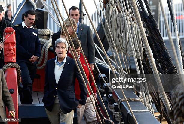 Secretary of State John Kerry is pictured during his visit to a replica of Captain Cook's ship 'Endeavour' at the Australian National Maritime Museum...