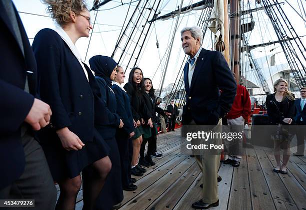 Secretary of State John Kerry meets students from several Sydney high schools during his visit to a replica of Captain Cook's ship 'Endeavour' at the...