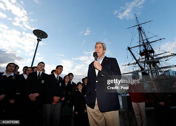 Secretary of State John Kerry is pictured during his visit to a replica of Captain Cook's ship 'Endeavour' at the Australian National Maritime Museum...